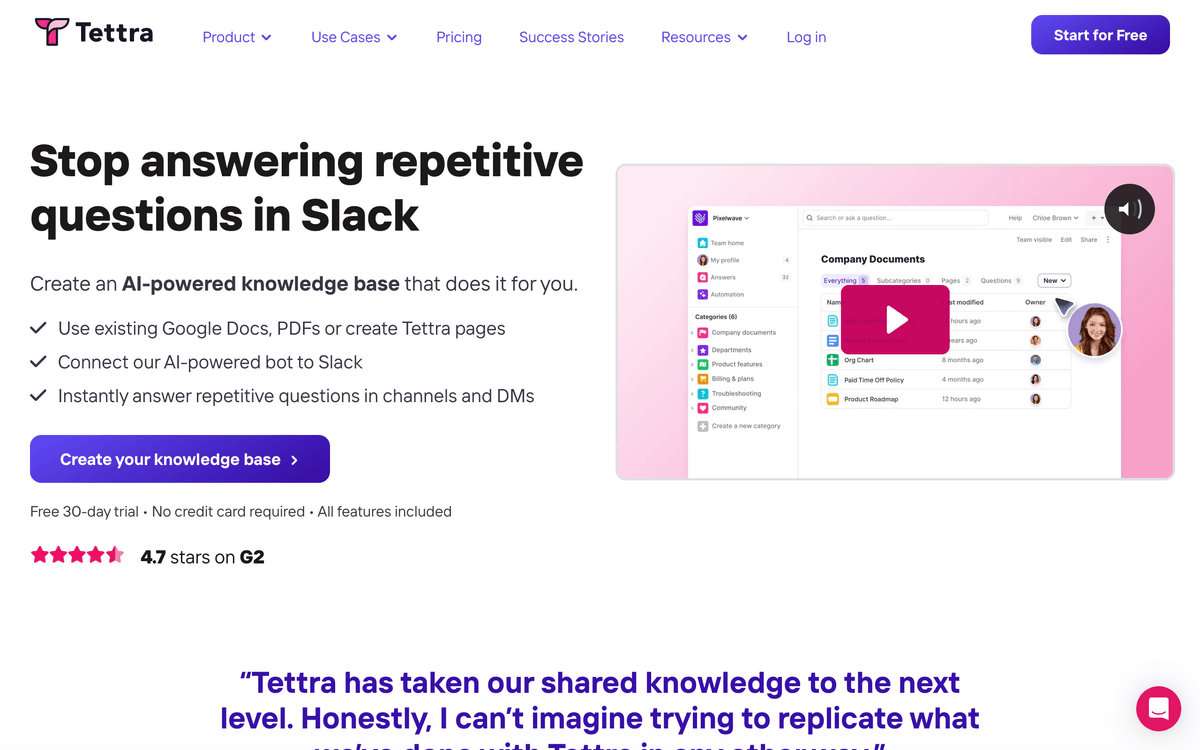 Tettra knowledge base software first screen showing the Slack-native internal wiki and Q&A