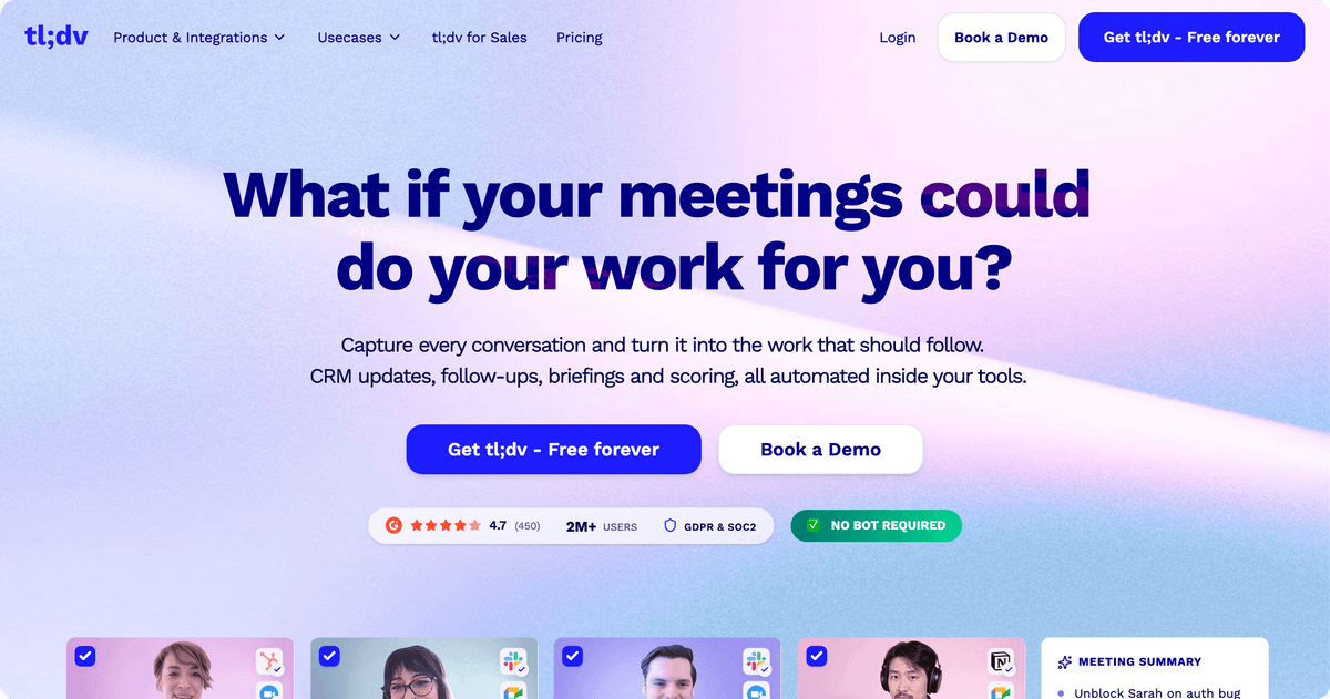 tl;dv AI meeting assistant homepage highlighting automated CRM updates and follow-ups