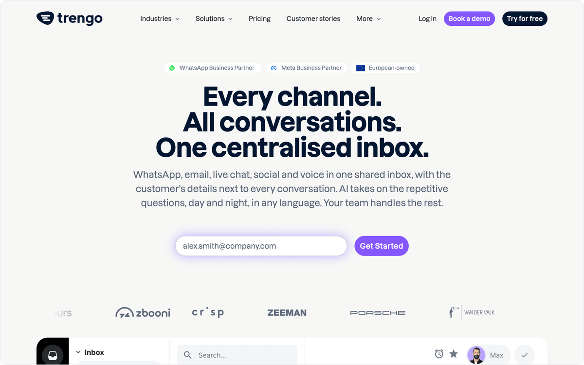 Trengo homepage: one centralised inbox for every channel and conversation