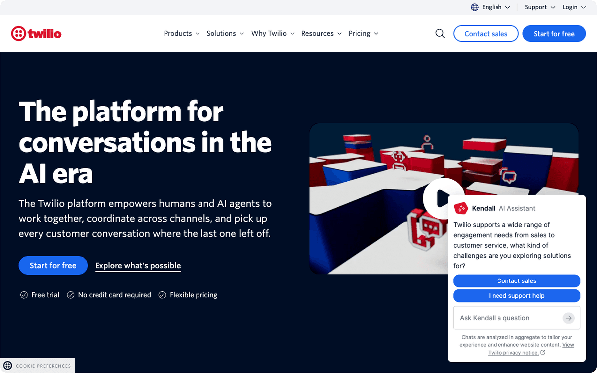 Twilio hero section showing the programmable telephony API for custom call tracking builds