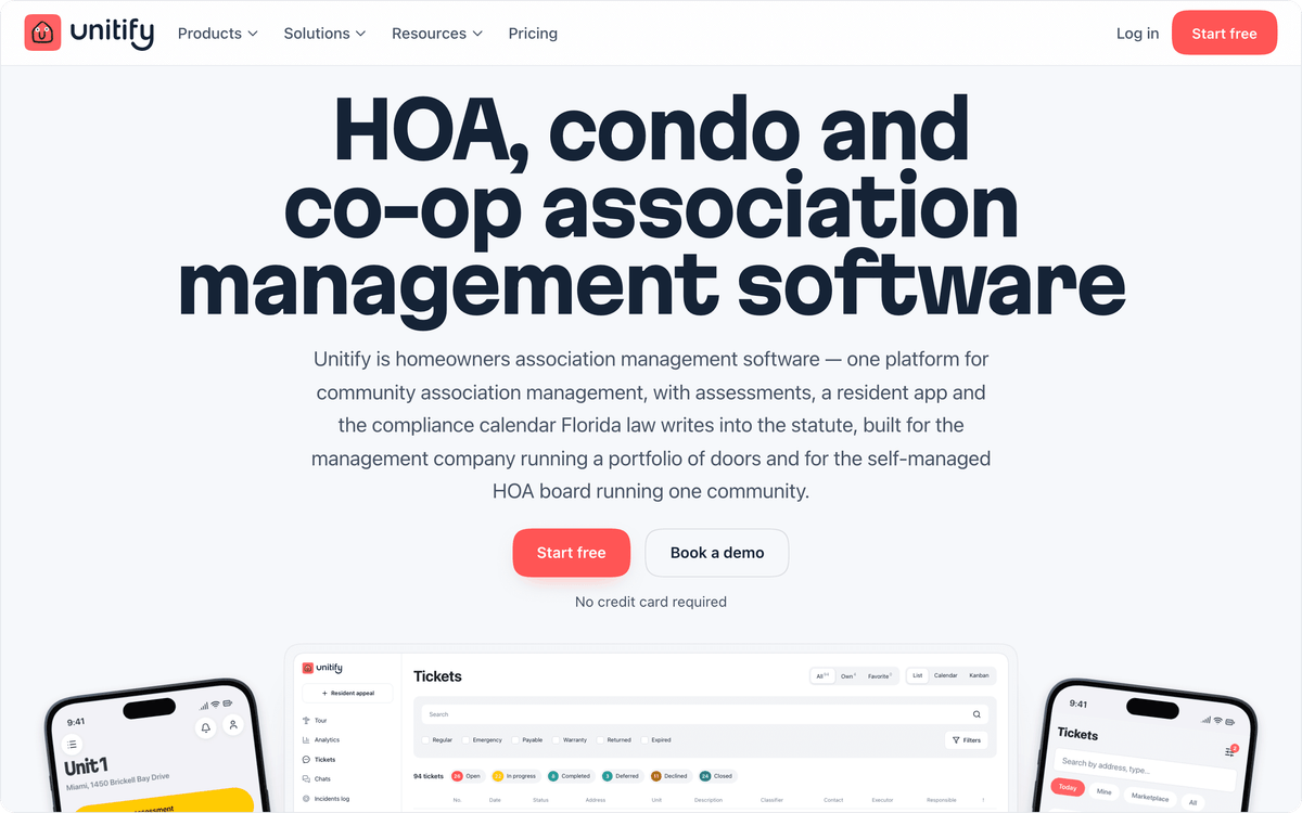 Unitify HOA, condo and co-op association management software US homepage
