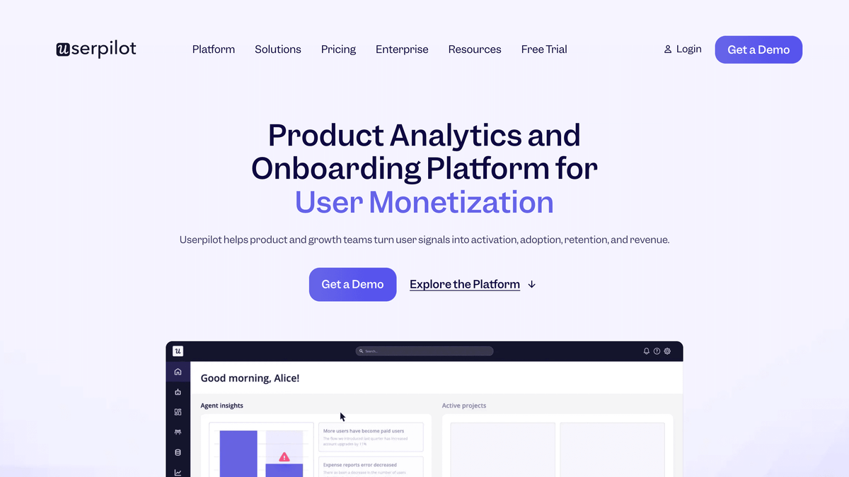 Página inicial do Userpilot mostrando uma plataforma de adoção de produto e onboarding de usuários guiada por dados