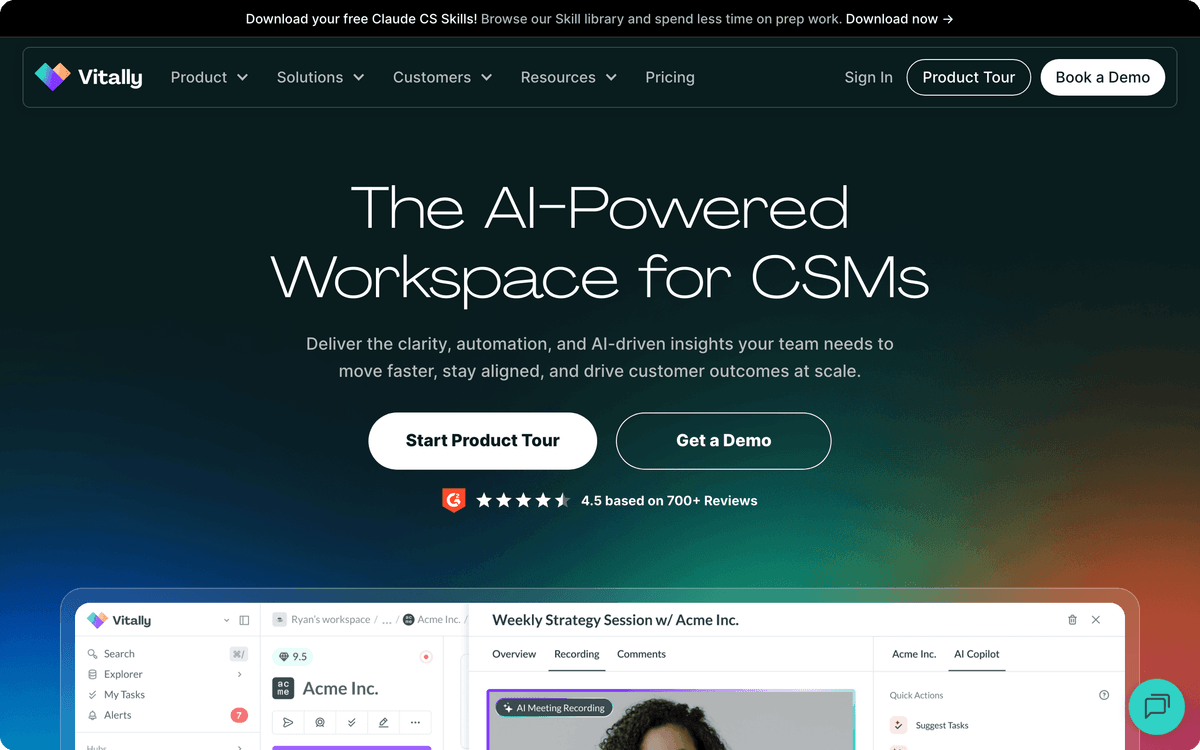 Vitally customer success platform homepage hero