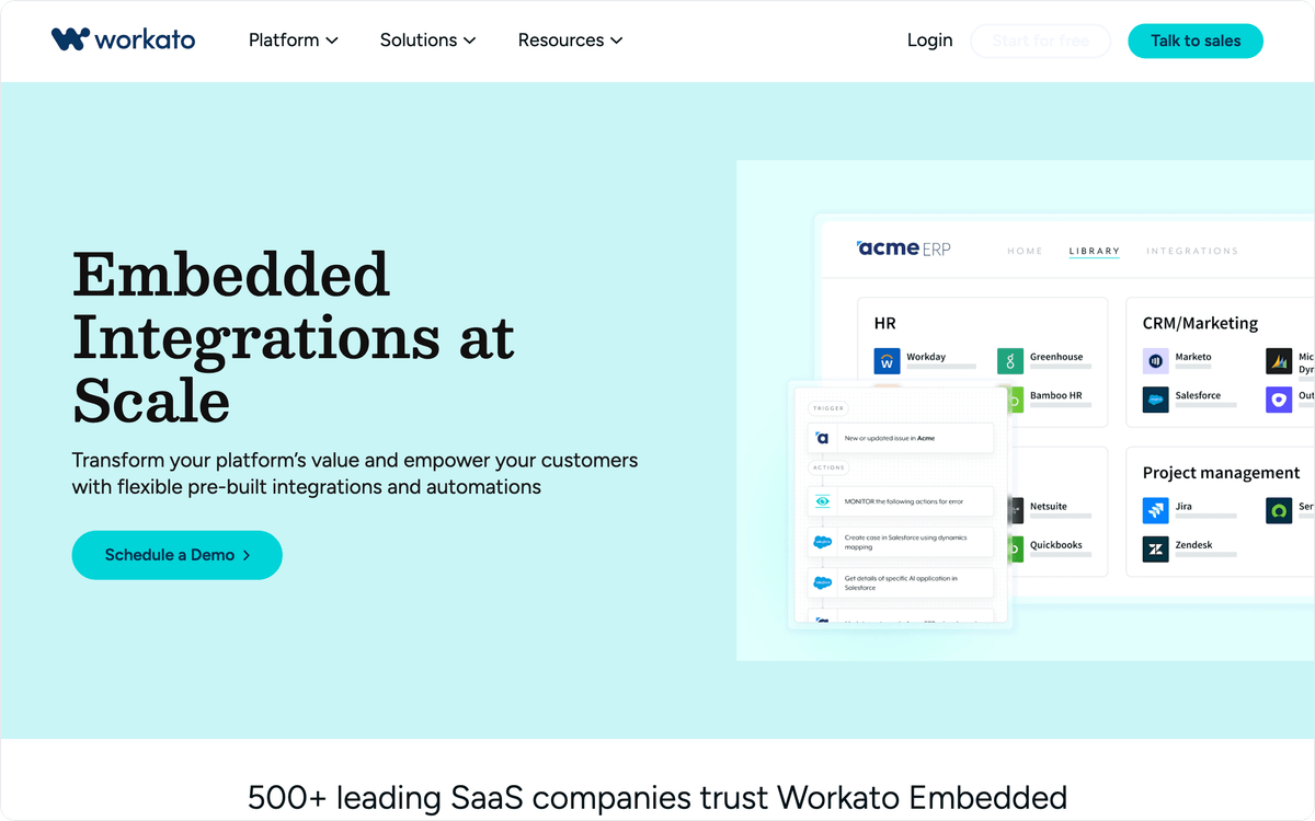 Workato Embedded product page, first screen, captured September 2026