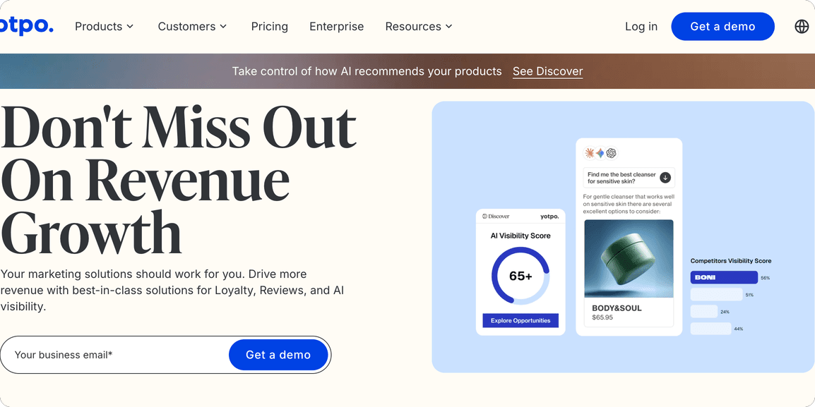 Yotpo suíte de marketing para ecommerce com indicação, fidelidade, avaliações e SMS em uma plataforma