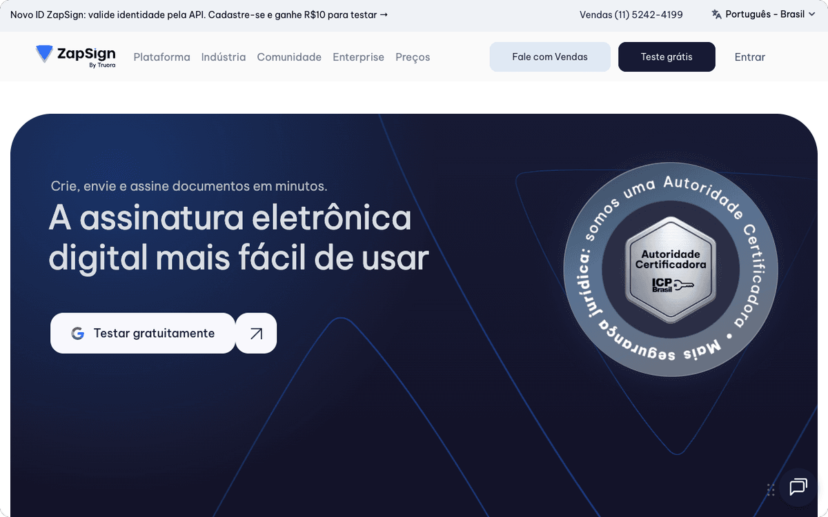 ZapSign homepage screenshot showing the e-signature platform for Brazilian businesses