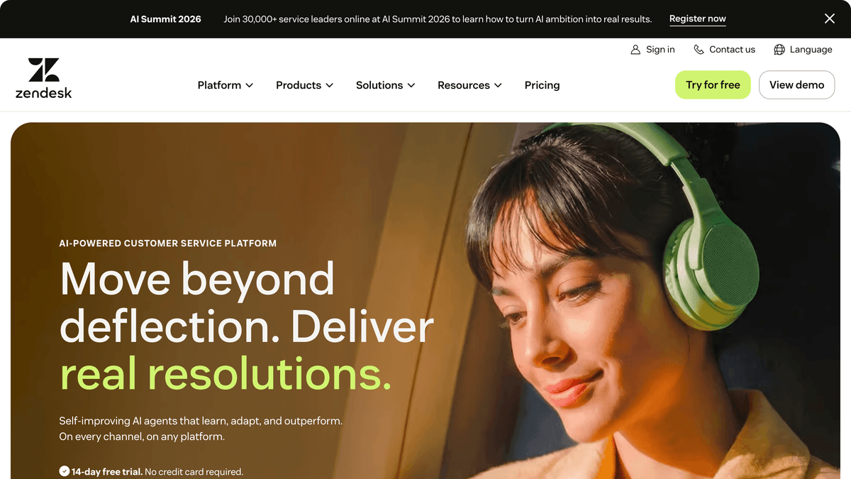 Destaque do produto Zendesk mostrando agentes de IA dentro de uma plataforma completa de central de suporte