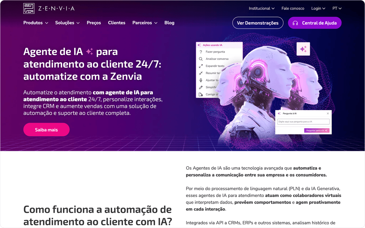 Página de agentes de IA da Zenvia para atendimento no WhatsApp e em outros canais