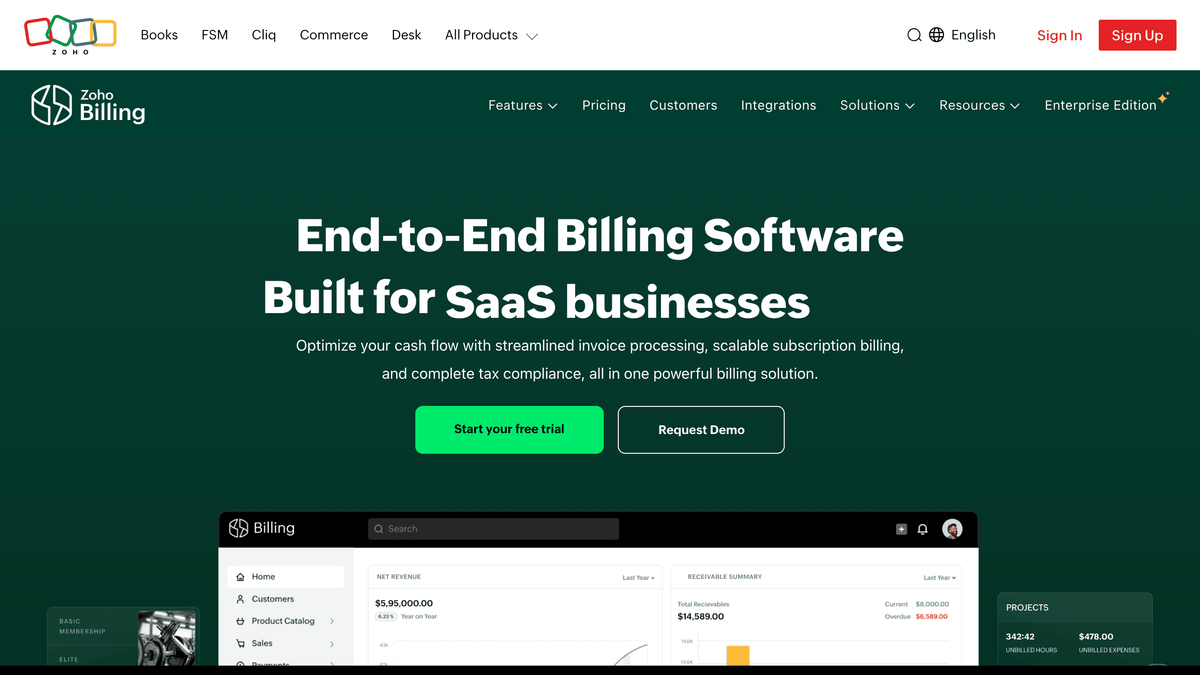 Zoho Billing subscription management software first screen showing recurring billing inside the Zoho suite