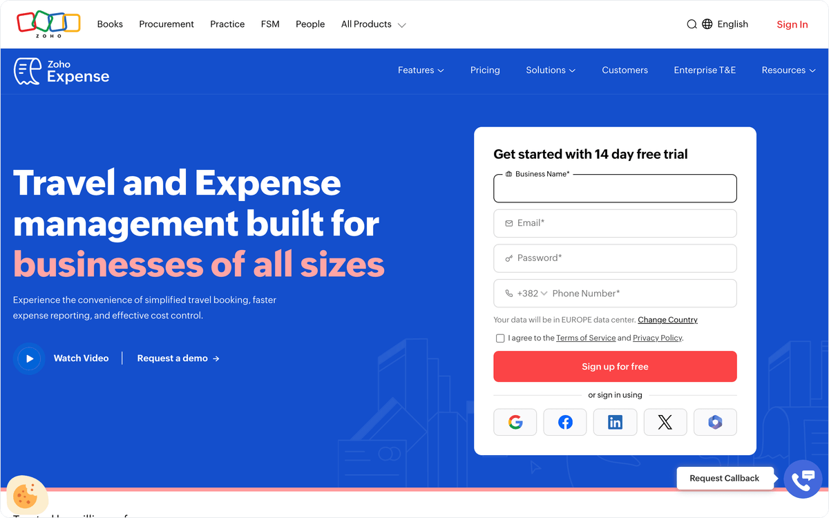 Zoho Expense software de gestão de despesas primeira tela mostrando leitura de recibo e controle de quilometragem dentro da suíte Zoho