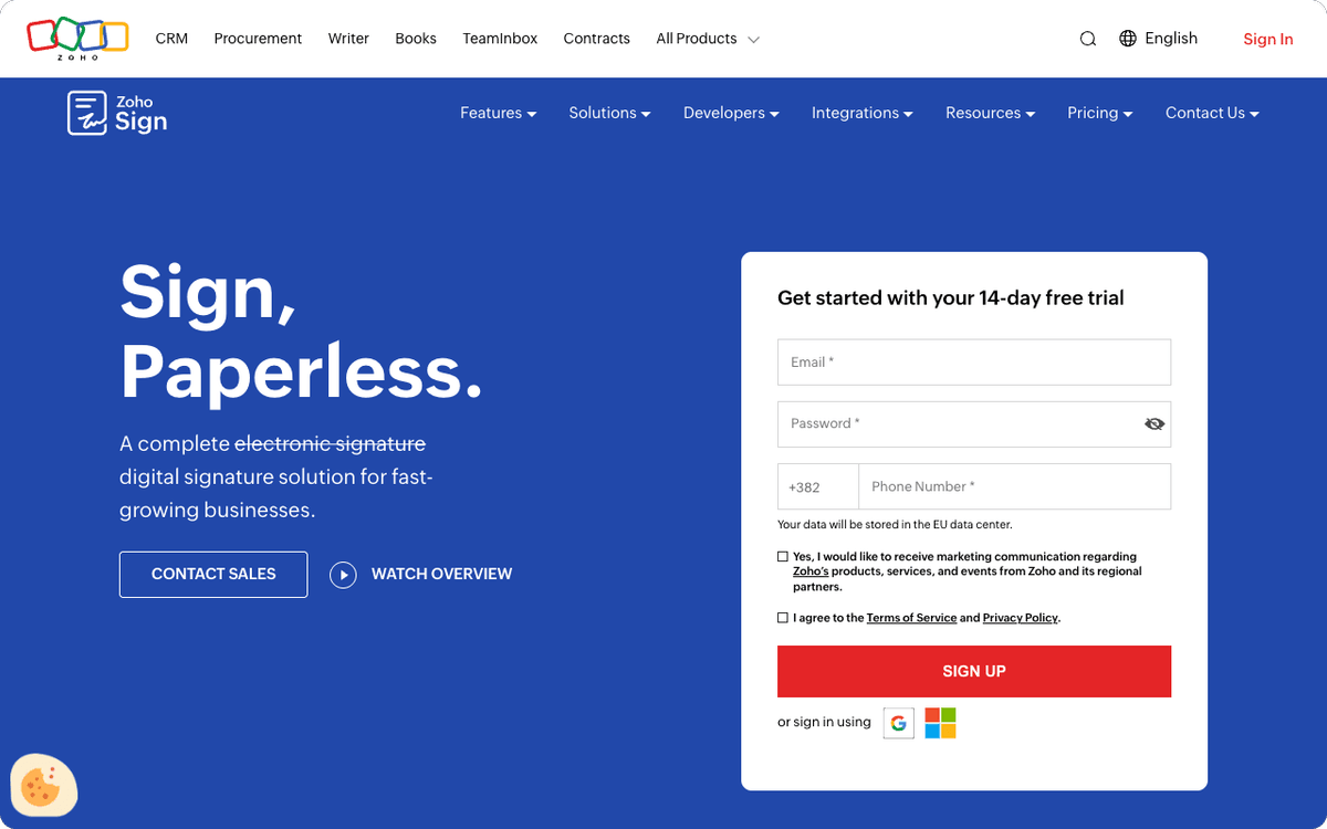 Zoho Sign homepage screenshot showing the document signing platform
