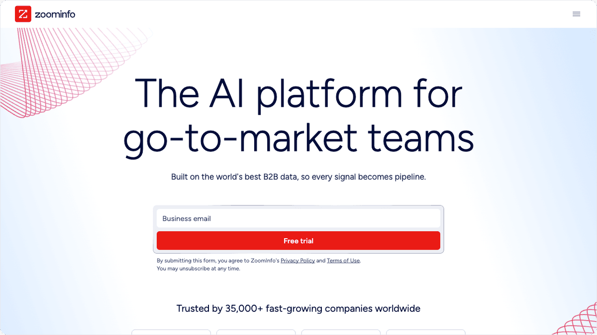 ZoomInfo hero section showing B2B intelligence and data enrichment platform