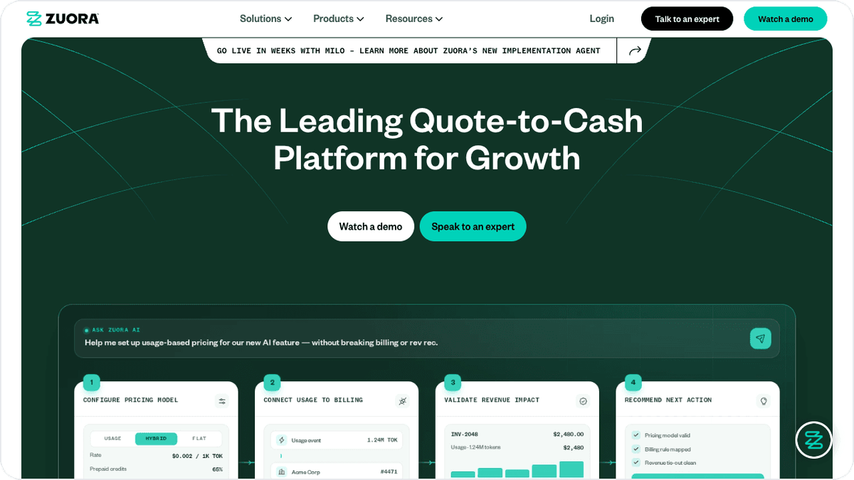 Zuora subscription management software first screen showing enterprise billing and revenue recognition at scale