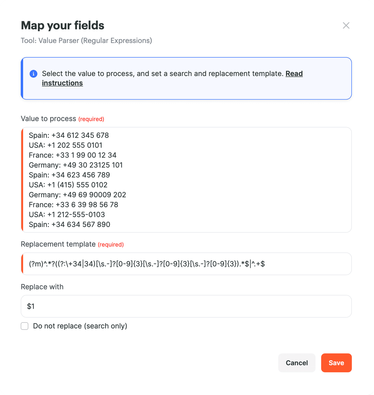 Configurações do Analisador de valores para extrair números de telefone espanhóis