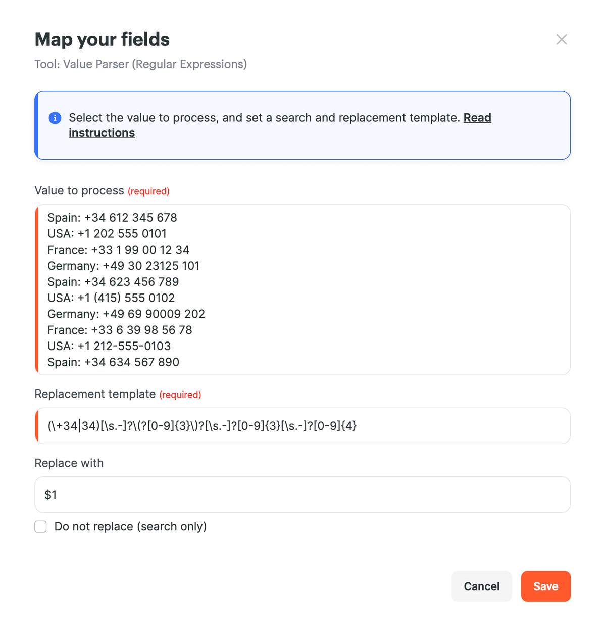 Configurações do Analisador de valores para buscar números de telefone espanhóis