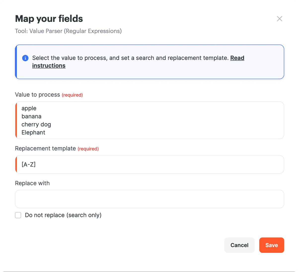 Configurações do Analisador de valores para buscar uma letra maiúscula