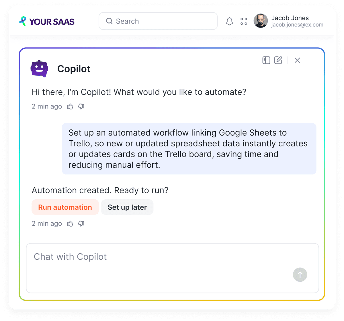 Albato Copilot chat panel embedded inside a product, building an automation from a plain-English request