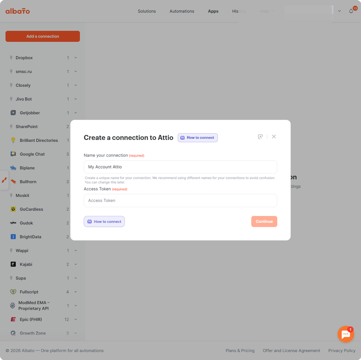 Attio connection fields in Albato