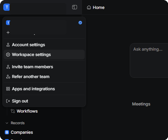 Open workspace settings in Attio