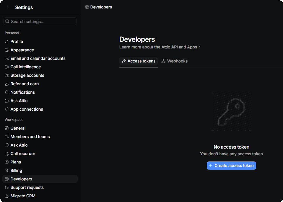 Create a new access token in Attio