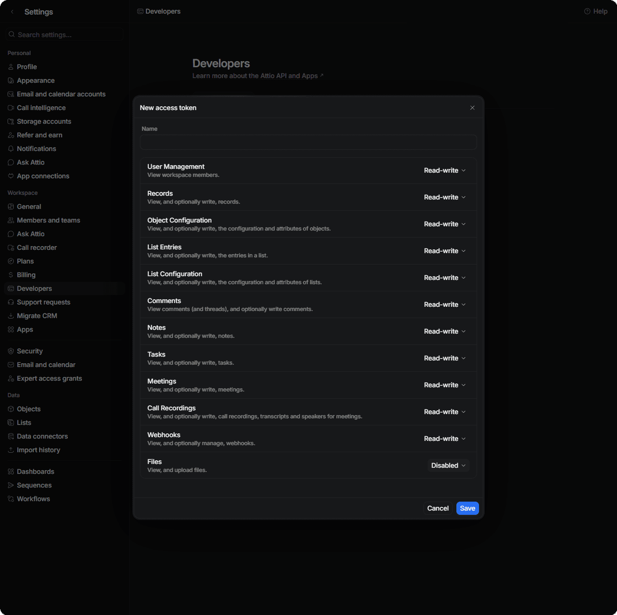 Set Attio token permissions