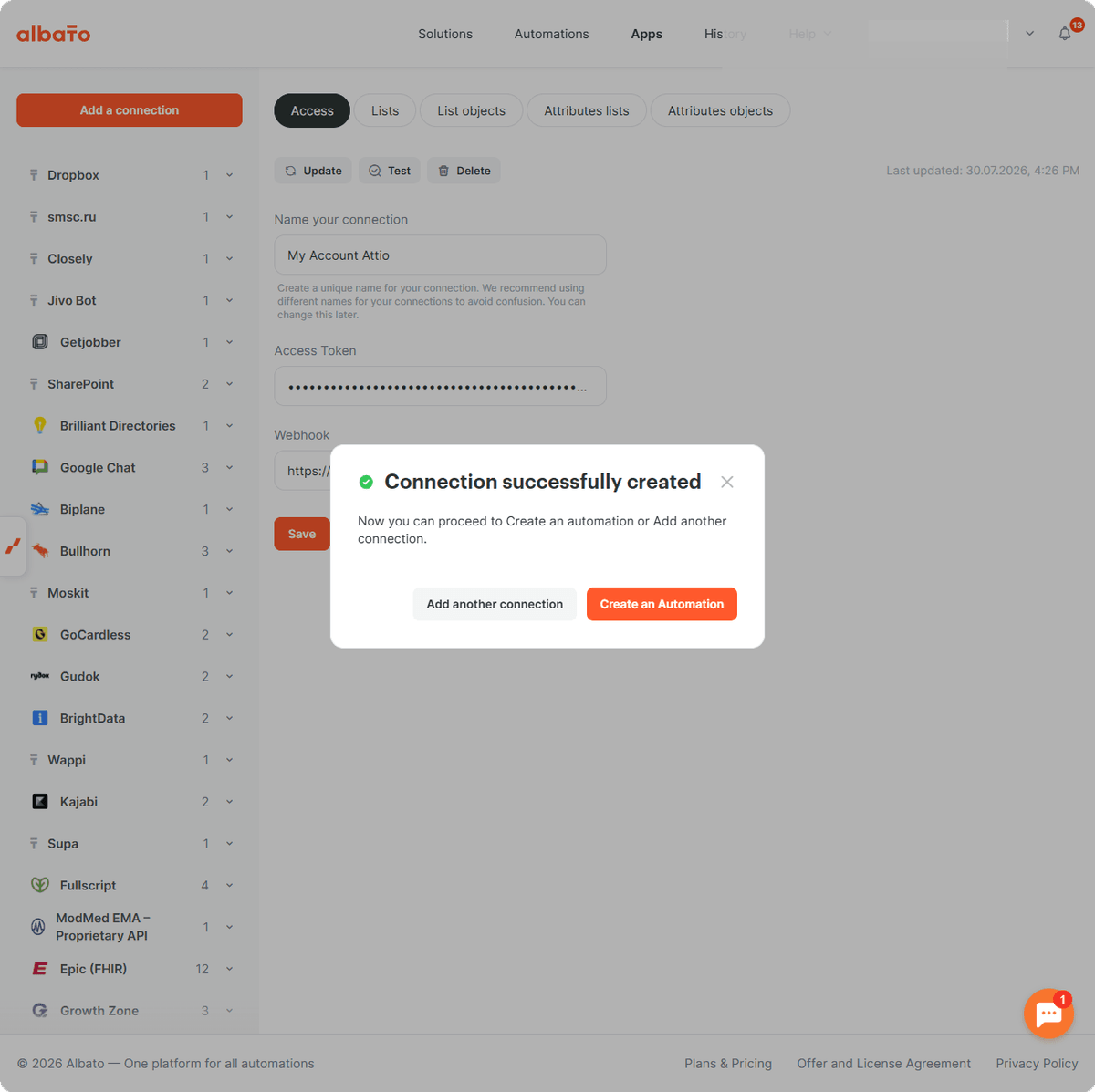 Attio connection successfully created