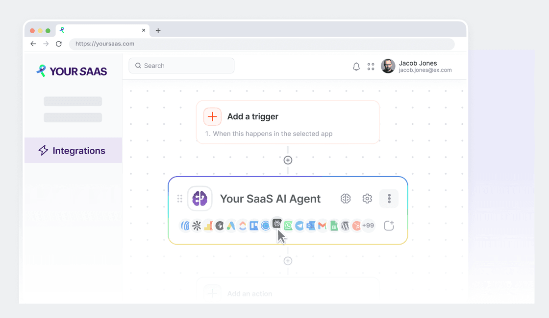 Browser window on yoursaas.com, Integrations section: an automation canvas with an Add a trigger block and a Your SaaS AI Agent step showing a row of app icons that ends in +99