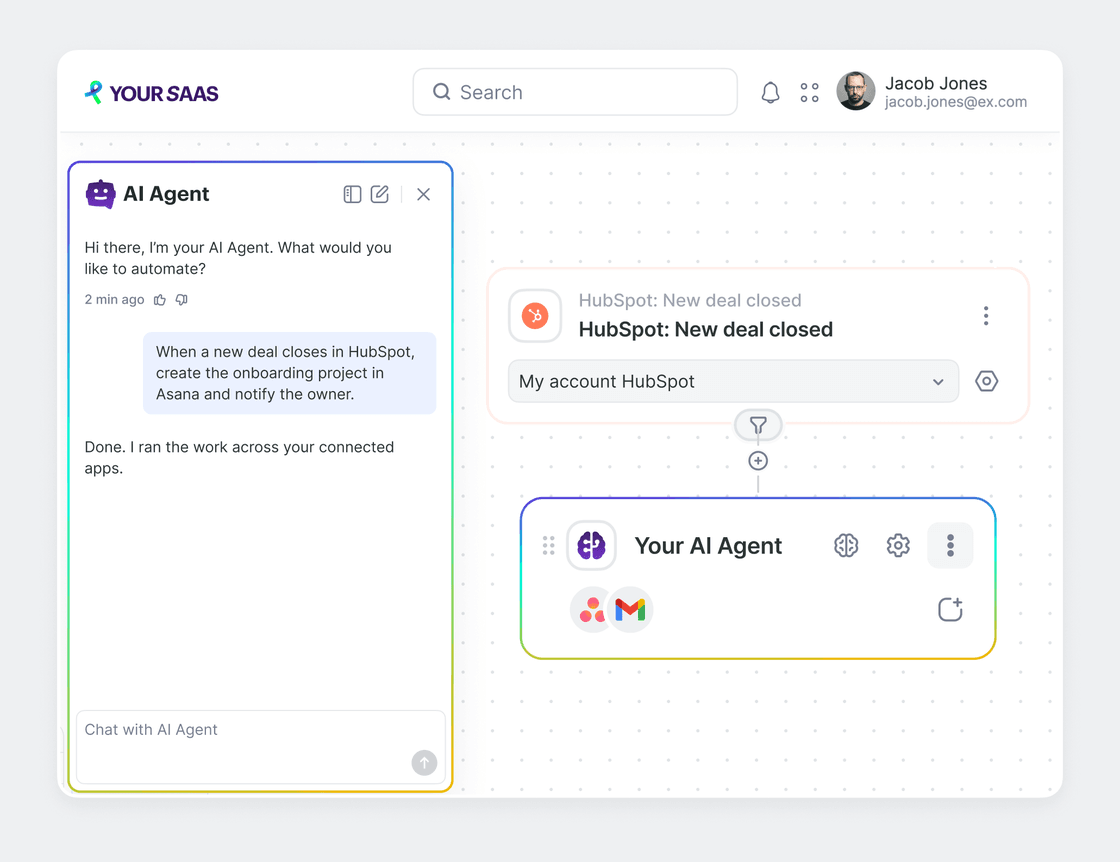 White-label account with an AI Agent chat panel on the left asking to create an onboarding project when a HubSpot deal closes, and a canvas on the right holding a HubSpot: New deal closed trigger above a Your AI Agent step carrying app icons