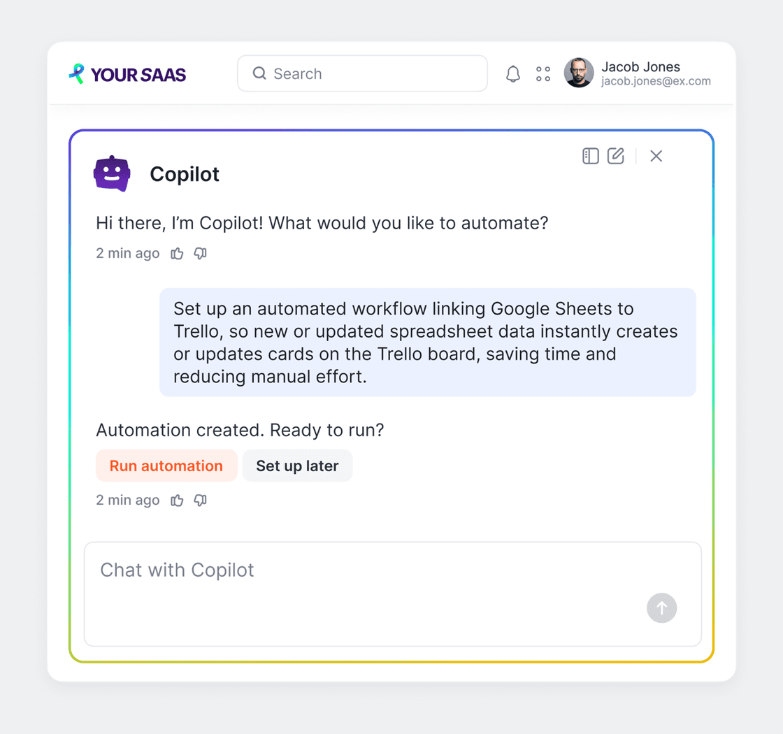 White-label account headed YOUR SAAS with the Copilot chat panel open: a request to link Google Sheets to Trello, answered with Automation created, Ready to run and the Run automation and Set up later buttons