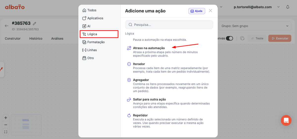 Adicionando a ferramenta Atraso da Automação à automação