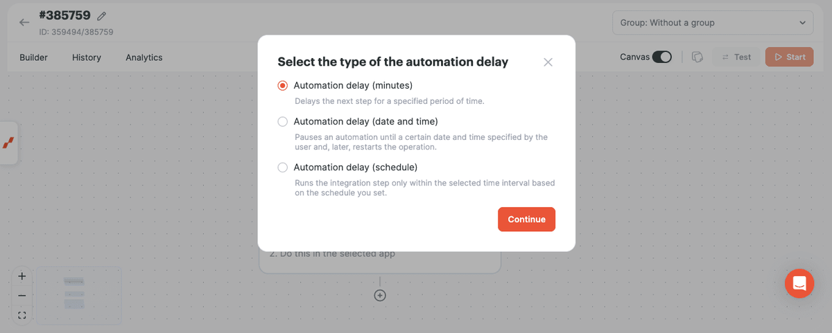 Selecting Automation delay in minutes