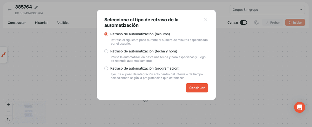 Seleccionando el retraso de automatización por minutos
