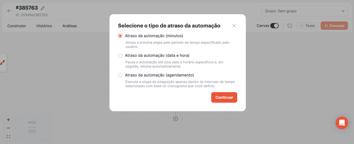 Selecionando o atraso da automação por minutos