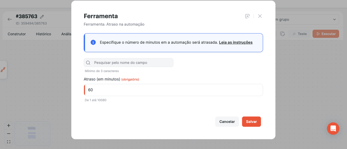 Definindo um atraso de 60 minutos na ferramenta Atraso da Automação