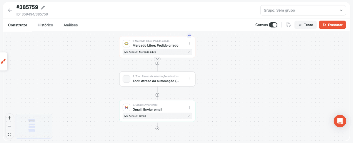 Automação com gatilho do Mercado Livre, Atraso da Automação e etapa de envio de e-mail pelo Gmail