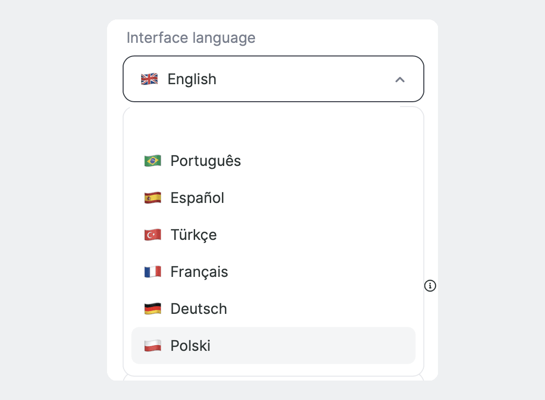 Interface language picker with English selected and a dropdown listing Português, Español, Türkçe, Français, Deutsch and Polski, with Polski highlighted