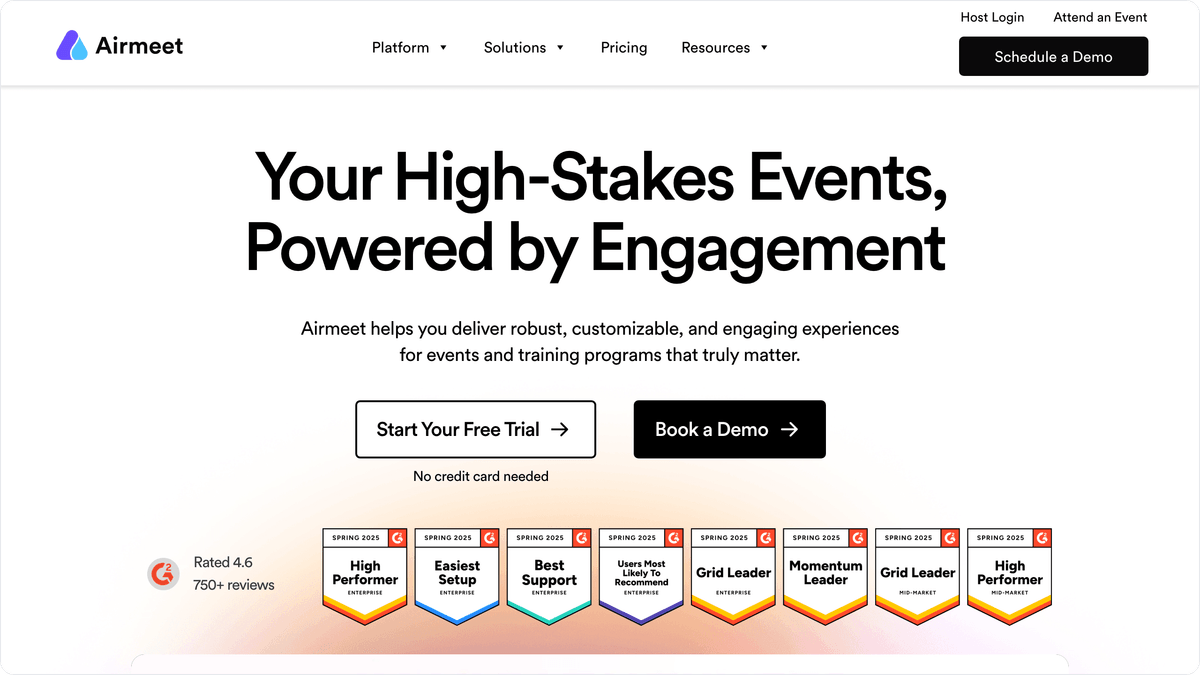 Airmeet homepage showing virtual events and networking platform features