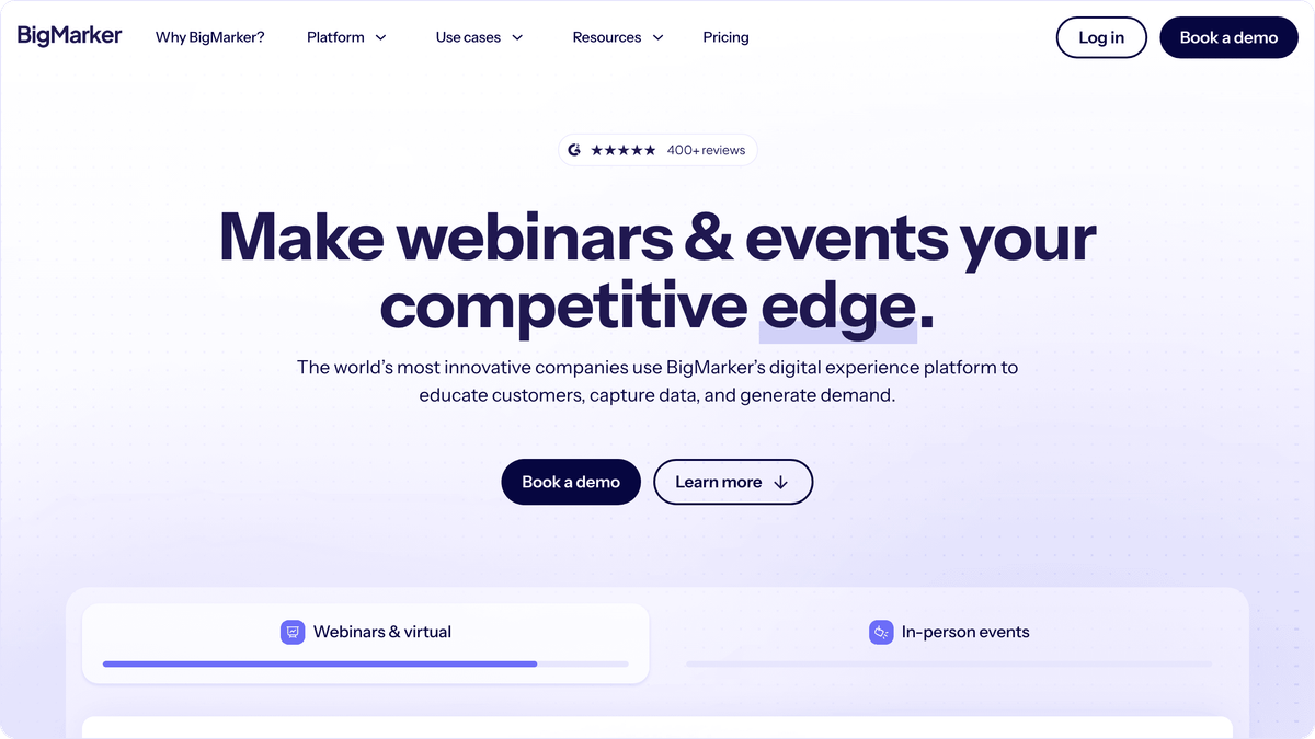 BigMarker homepage showing white-label webinar platform for embedded events