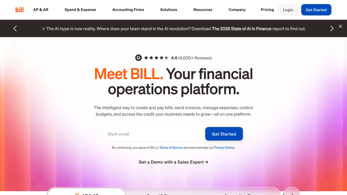 BILL accounts payable software hero screen showing invoice-to-pay dashboard
