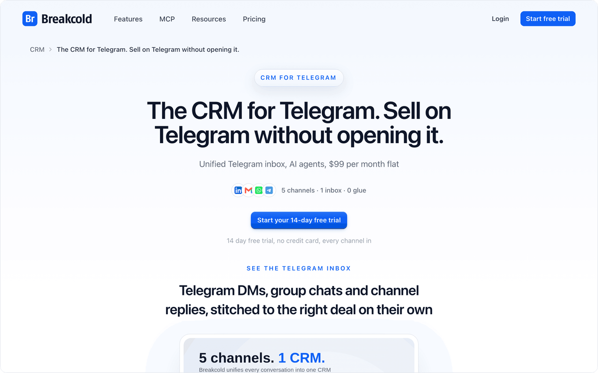 Breakcold CRM for Telegram page with a unified Telegram inbox and a 14-day free trial button