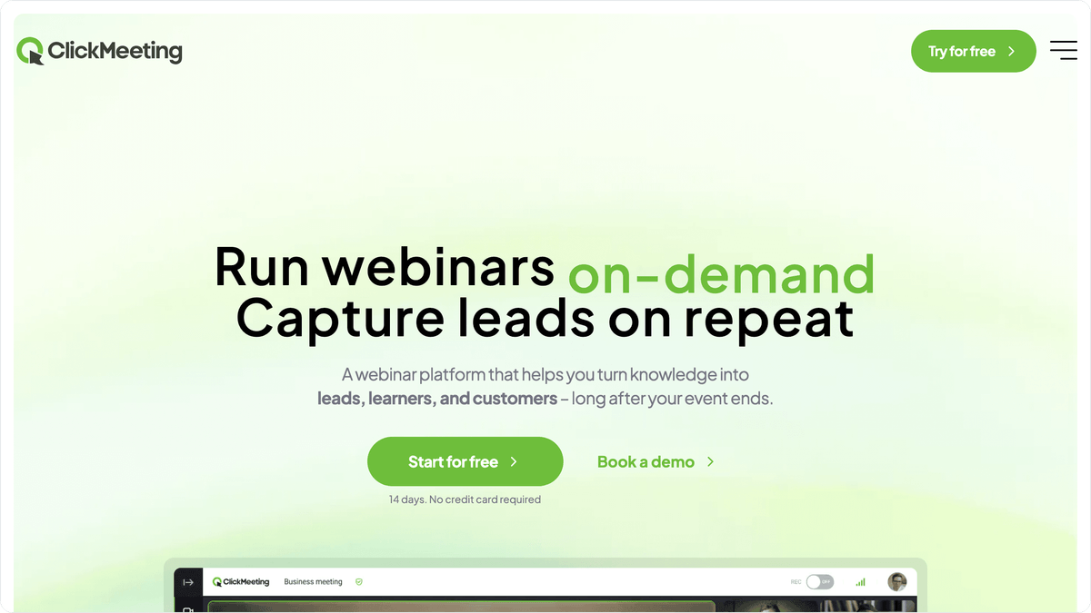 ClickMeeting homepage showing webinar and meeting features with custom branding options