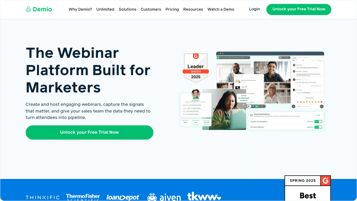 Demio homepage showing conversion-focused webinar tools for data-driven marketers
