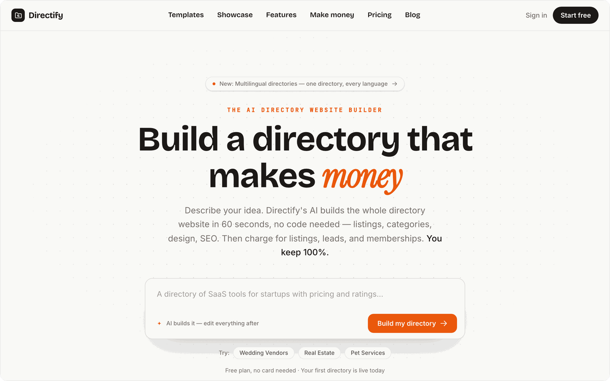 Directify homepage hero: AI directory website builder, build a directory that makes money