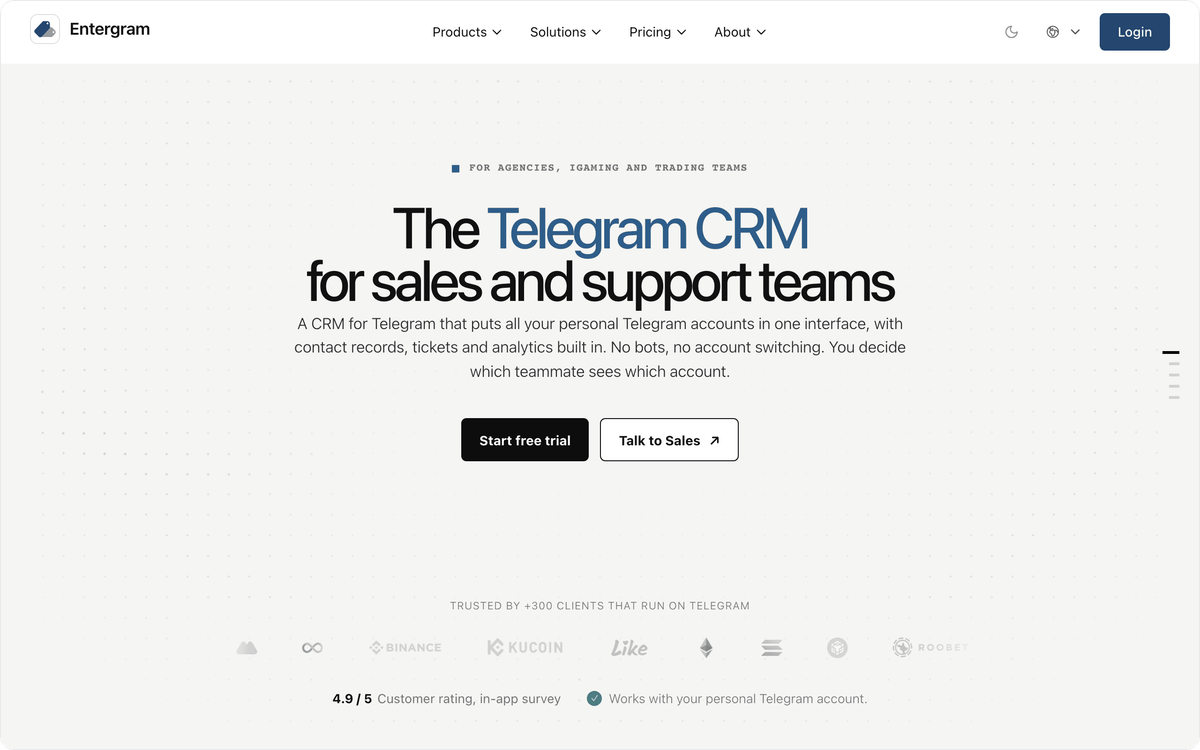 Entergram homepage: Telegram CRM for sales and support teams that puts personal Telegram accounts in one interface