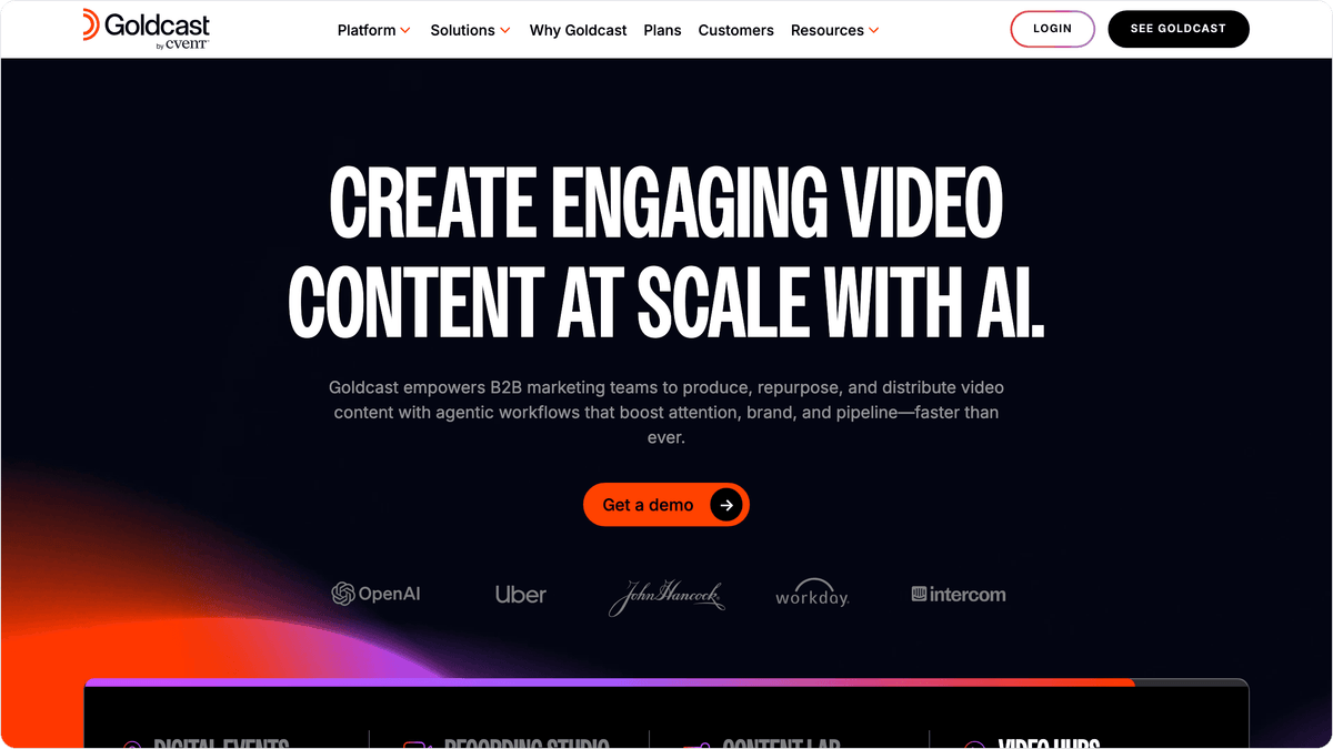 Goldcast homepage showing B2B event and content platform with AI repurposing features