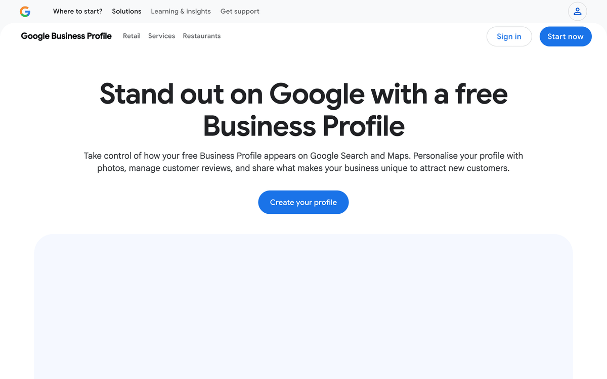 Página inicial do Google Meu Negócio mostrando gestão gratuita de avaliações e listagem para negócios locais