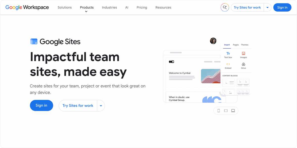 Google Sites product page hero in Google Workspace
