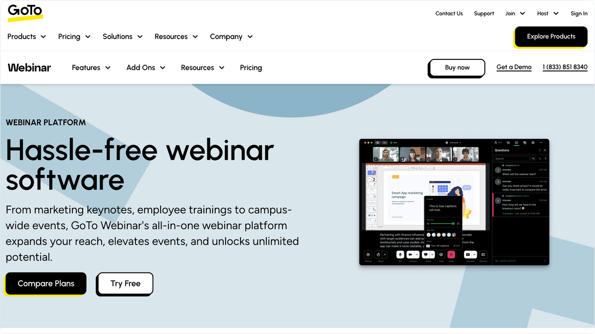 GoTo Webinar product page with enterprise webinar features for regulated industries