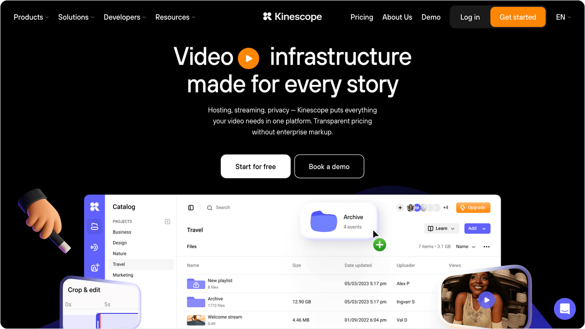 Kinescope homepage showing video hosting and live streaming platform with a branded player