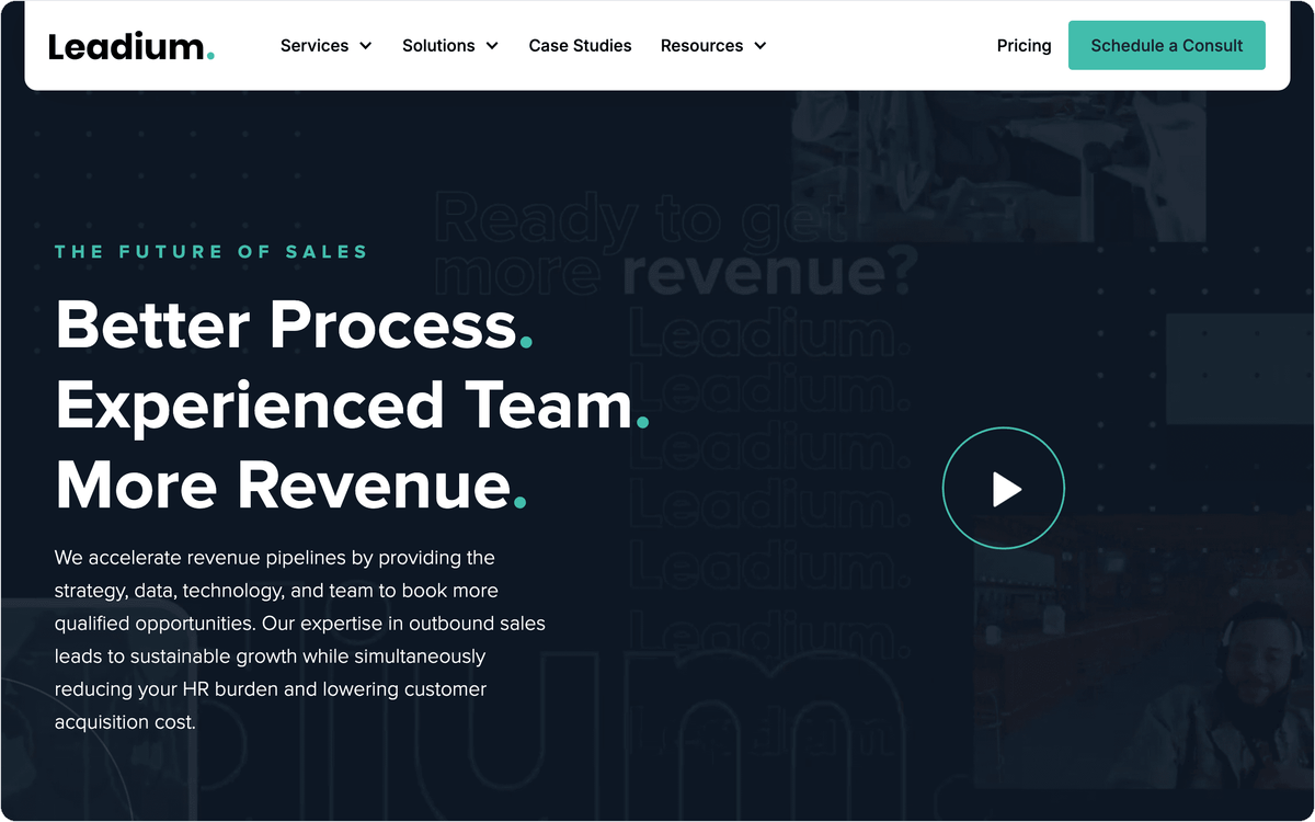 Leadium homepage, first screen